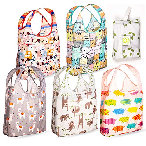 O-WITZ Reusable Grocery Bags | Vibrant Tote Bag For Groceries, Gym, Office, Beach & More | Washable Design With Large Handles For Maximum Convenience | Folds Into A Small Pouch, 5 Pack, Animals - Image 1
