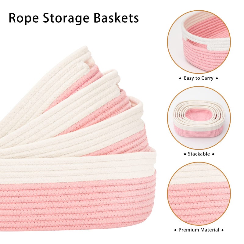 HLWDFLZ 7 Piece Cotton Rope Woven Basket Set - Small Basket for Baby Nursery, Pets, Montessori, Dog & Cat Toy Boxes, Bathroom Organization Bins (White/Pink) - Image 3