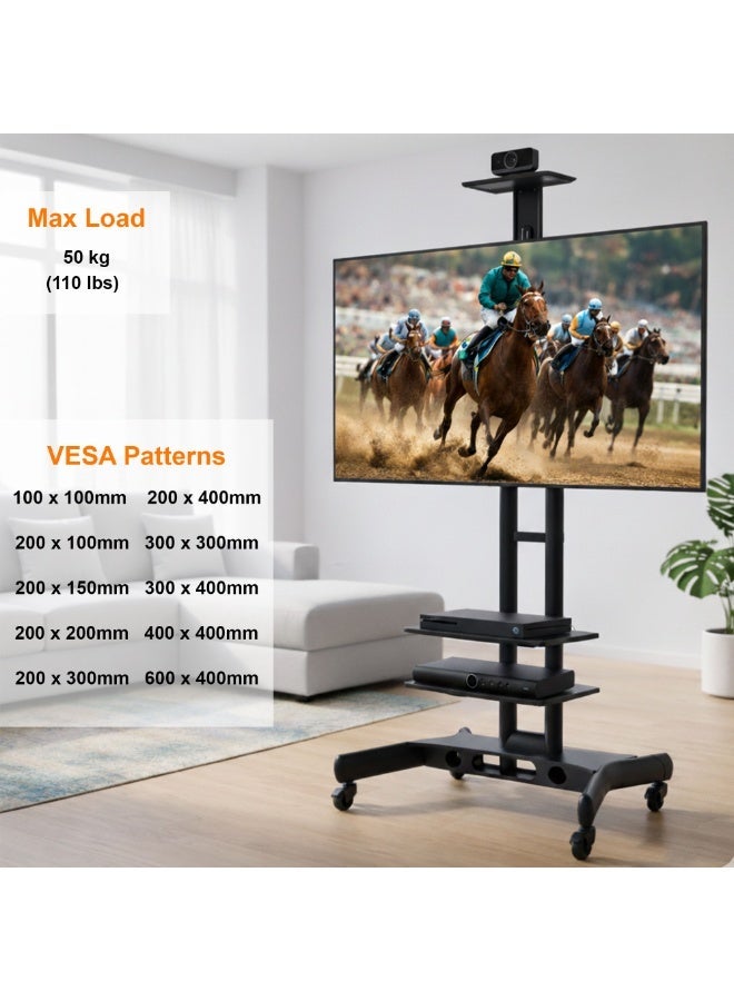 بيتيك ستاند تلفاز متنقل للتلفازات من 40 إلى 70 بوصة بوزن يصل إلى 50 كجم، عربة تلفزيون متنقلة تتوافق مع VESA 600x400 مم، رف مزدوج، حامل تلفزيون متنقل مع عجلات قفل، أسود | TF-1500S - Image 2