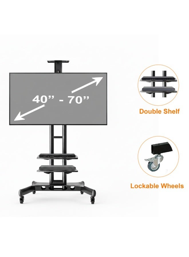 بيتيك ستاند تلفاز متنقل للتلفازات من 40 إلى 70 بوصة بوزن يصل إلى 50 كجم، عربة تلفزيون متنقلة تتوافق مع VESA 600x400 مم، رف مزدوج، حامل تلفزيون متنقل مع عجلات قفل، أسود | TF-1500S - Image 3
