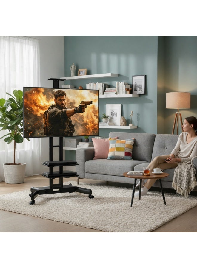 بيتيك ستاند تلفاز متنقل للتلفازات من 40 إلى 70 بوصة بوزن يصل إلى 50 كجم، عربة تلفزيون متنقلة تتوافق مع VESA 600x400 مم، رف مزدوج، حامل تلفزيون متنقل مع عجلات قفل، أسود | TF-1500S - Image 5