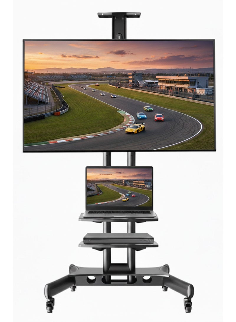 بيتيك ستاند تلفاز متنقل للتلفازات من 40 إلى 70 بوصة بوزن يصل إلى 50 كجم، عربة تلفزيون متنقلة تتوافق مع VESA 600x400 مم، رف مزدوج، حامل تلفزيون متنقل مع عجلات قفل، أسود | TF-1500S - Image 1