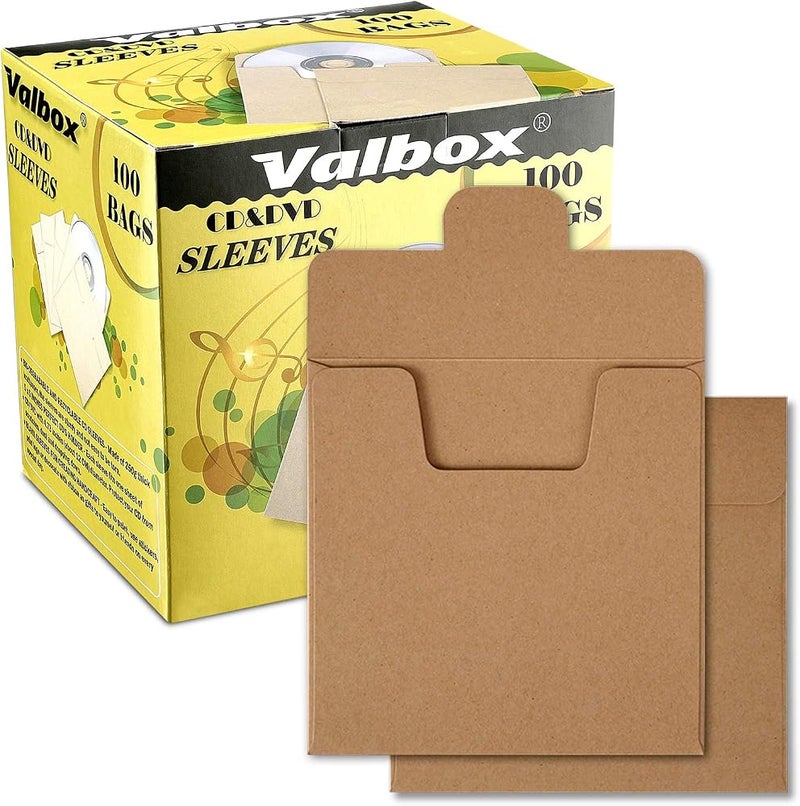 فالبوكس 1 ValBox أكمام أقراص CD، 100 عبوة، أظرف ورق كرافت، 5 × 5 بوصات، بني، أظرف ورق مقوى لأقراص DVD، أغطية تخزين ورقية لأقراص CD - Image 1