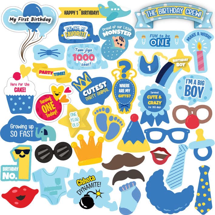 Crackles First Birthday Photo Booth Props for Baby Boy - Blue Party Decorations, Kids Party Items - 38 Pieces - Image 1