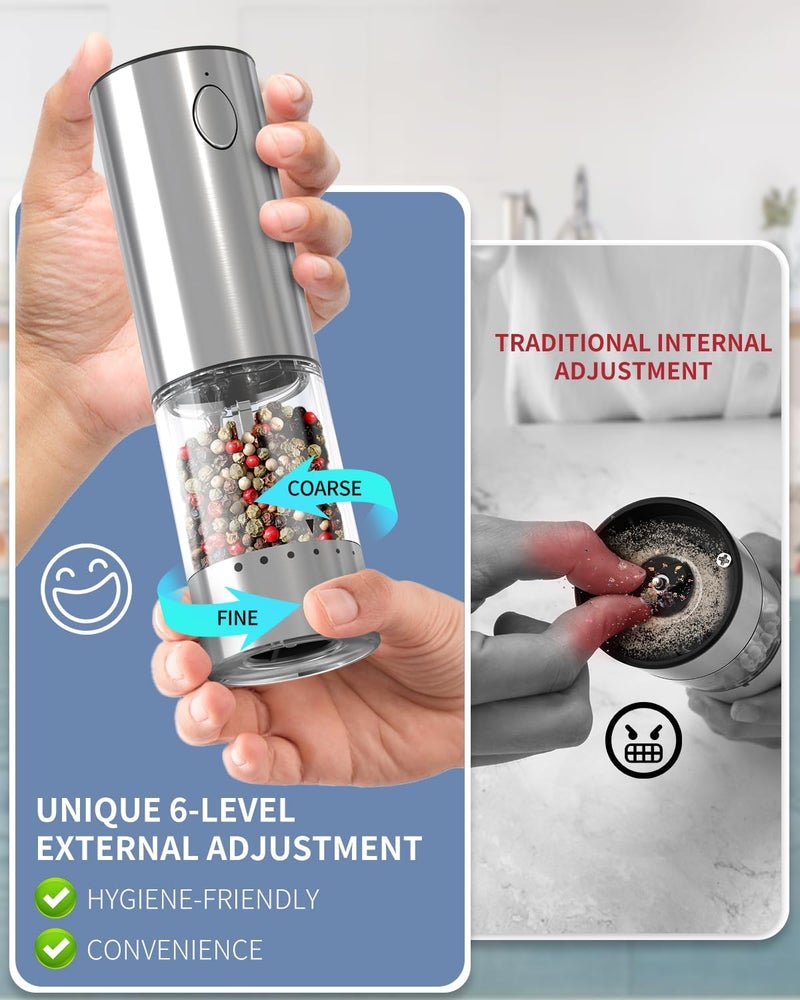 CircleJoy Stainless Steel Electric Pepper Grinder, Rechargeable Pepper Mills with LED Light, 6-Level External Adjustable Coarseness for Easy Use - Image 3