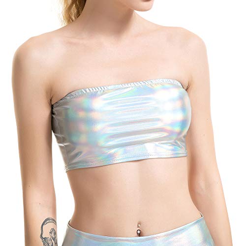 FlyCC Women's Shiny Metallic Strapless Crop Tube Top Rave Bandeau Bra - Image 1