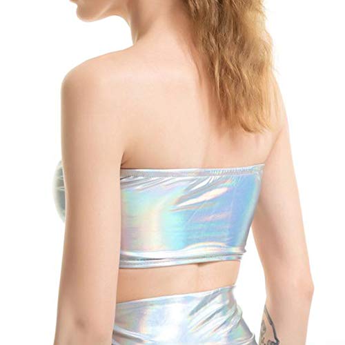 FlyCC Women's Shiny Metallic Strapless Crop Tube Top Rave Bandeau Bra - Image 2