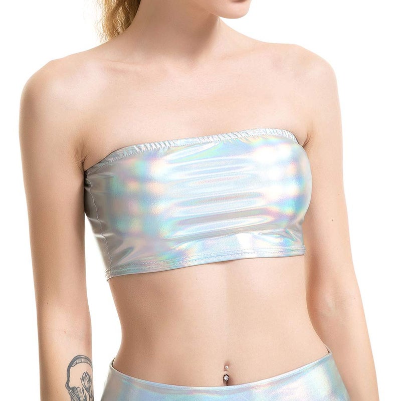 FlyCC Women's Shiny Metallic Strapless Crop Tube Top Rave Bandeau Bra - Image 5