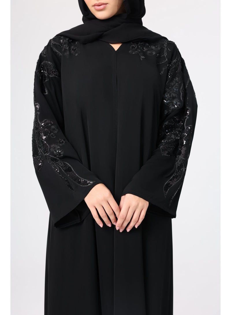 IKKXA Luxury Beaded Sleeves Embroidery Solid Abaya ABY1132 - Image 2