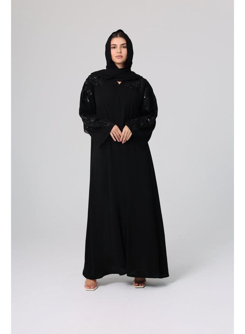 IKKXA Luxury Beaded Sleeves Embroidery Solid Abaya ABY1132 - Image 1