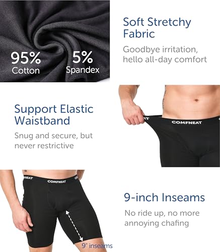 Comfneat Men's 9" Long Leg Cotton Boxer Briefs Stretchy Comfy Underwear 4-Pack (Black 4-Pack, S) - Image 4
