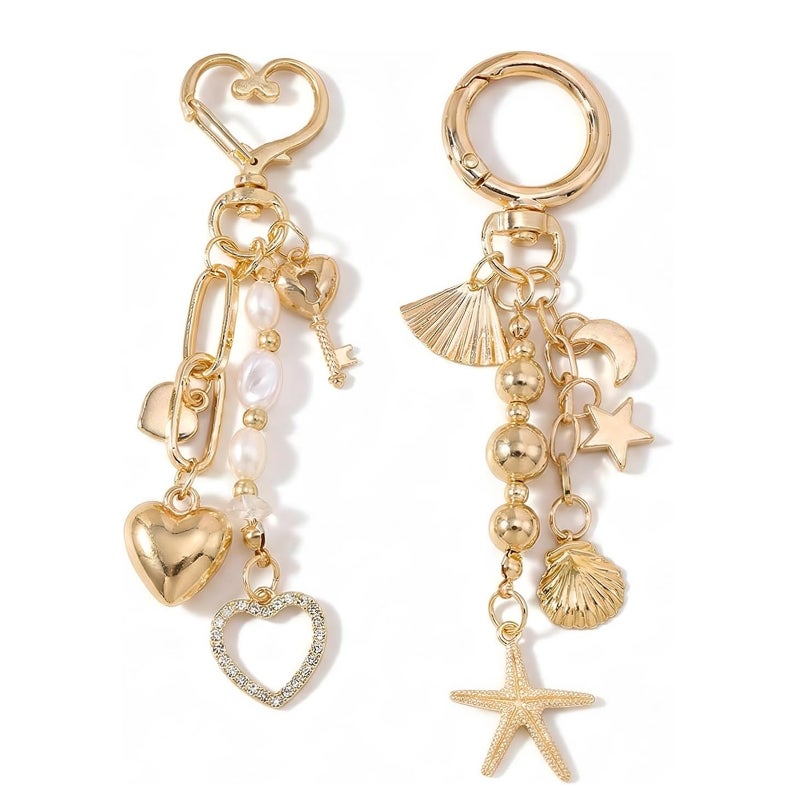 Women's 2-piece gold keychain pearl string bag (heart-shaped star Moon shell starfish pendant)