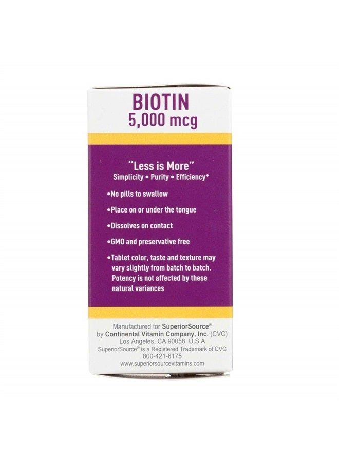 Superior Source Biotin 5000 mcg. Under The Tongue Quick Dissolve Sublingual Tablets, 100 Count, Supports Healthy Hair, Skin, and Nail Growth, Helps Support Energy Metabolism, Non-GMO