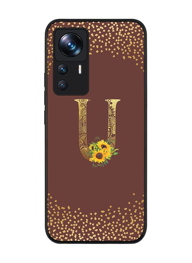 Stylizedd Rugged Black edge case for Xiaomi 12T/12T Pro Slim fit Soft Case Flexible Rubber Edges Anti Drop TPU Gel Thin Cover - Custom Monogram Initial Letter Floral Pattern Alphabet - U (Brown ) - Image 1