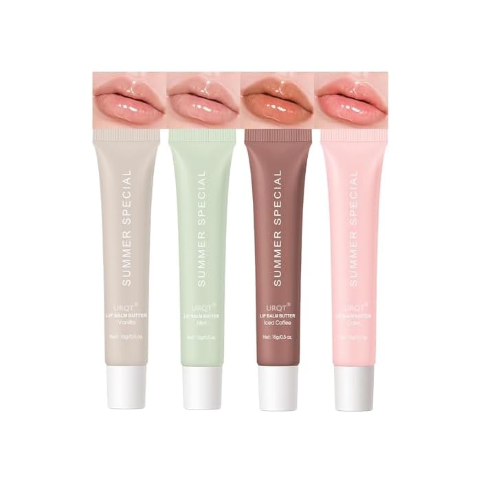URQT 4PCS Summer Special Lip Butter Balm, Hydrating, Nourishing & Softening Lip Care with Natural Oils & Fruit Extracts, Long-Lasting Moisture, Non-Sticky Shine, Soften Dry Lips Lip Care (4PCS, 4)