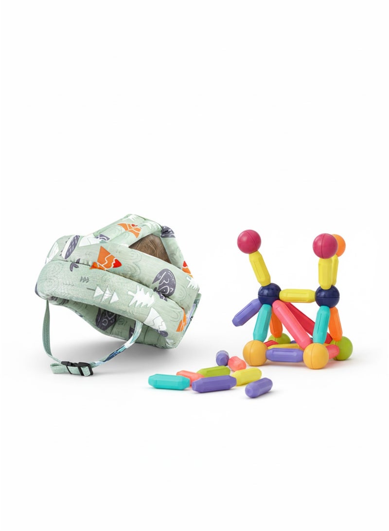 Baby Head Protection Hat – Anti-Fall & Anti-Collision Head Pad, Soft Elastic Cotton & Magnetic Sticks and Balls Construction Toy – STEM Educational Building Set, Brain Development, Creative Learning Toy for Children Bundle - Image 5