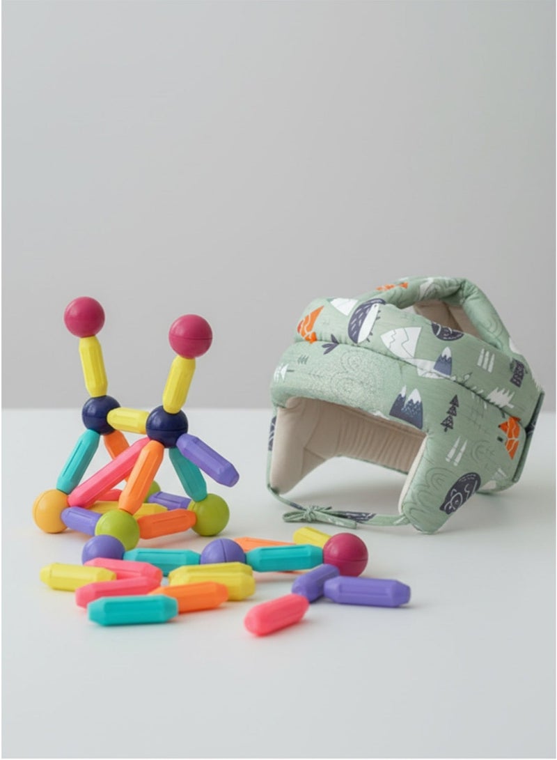 Baby Head Protection Hat – Anti-Fall & Anti-Collision Head Pad, Soft Elastic Cotton & Magnetic Sticks and Balls Construction Toy – STEM Educational Building Set, Brain Development, Creative Learning Toy for Children Bundle - Image 1
