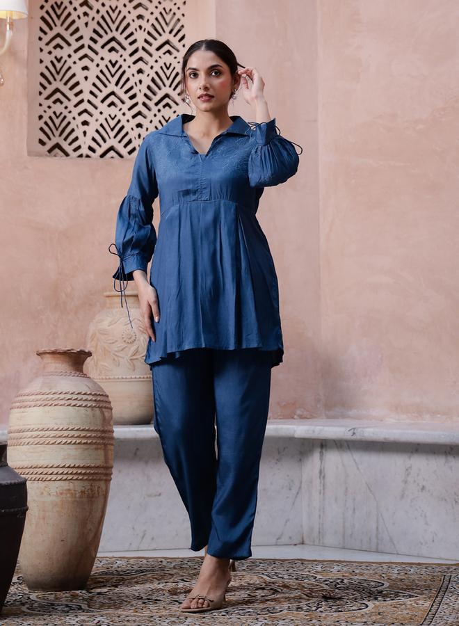 Sanskrutihomes Collared Long Sleeves Pure Cotton Top and Pants Co-Ords - Image 1