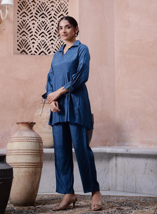 Sanskrutihomes Collared Long Sleeves Pure Cotton Top and Pants Co-Ords - Image 3