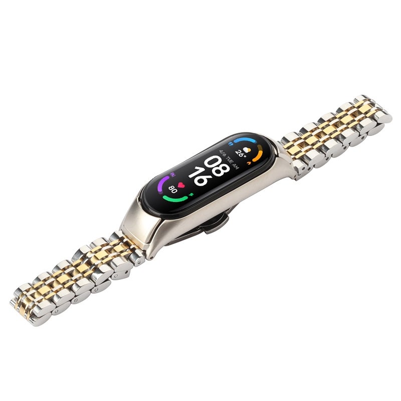 erorex For Xiaomi Mi Band 6 / 5 Seven-Beads Stainless Steel Watch Band(Silver Gold) - Image 3