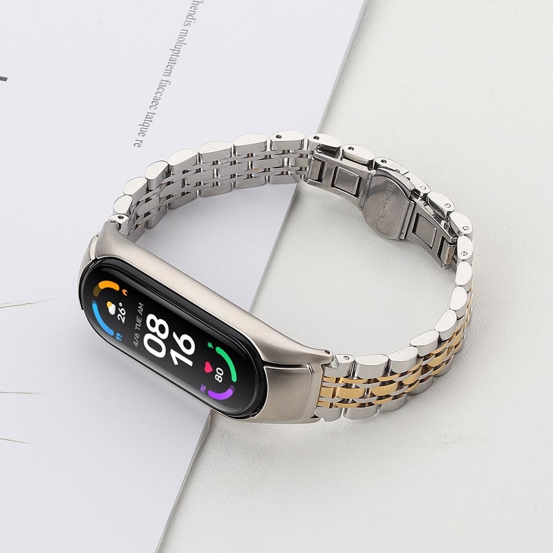 erorex For Xiaomi Mi Band 6 / 5 Seven-Beads Stainless Steel Watch Band(Silver Gold) - Image 4