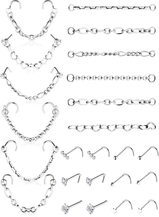 MTLEE Nose Chain Nose Ring Chain Nose Chain Piercing Across Nose Nose to Ear Chain Jewelry Double Nose Ring with Chain Stainless Steel for Women Men Nose Piercing Stud Nostril Jewelry (Silver, 1.5) - Image 1
