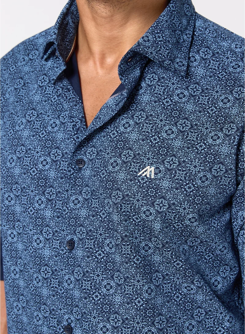 MANNERISM  The Inkline Navy Printed Twill Shirt Comfort Fit for Men | Best Price UAE
