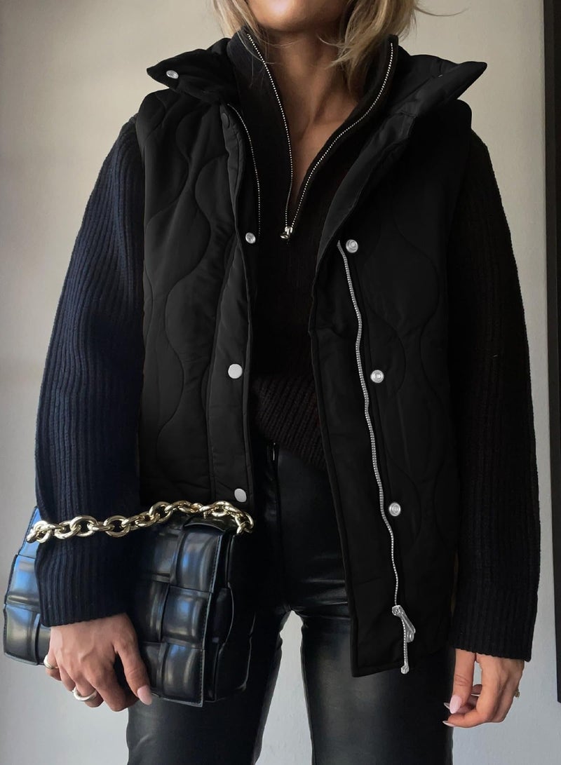 EVALESS Womens Fashion Cropped Puffer Vest Fall Winter 2025 Lightweight Quilted Stand Collar Sleeveless Button Down Jackets Warm Coat Outerwear Gilet with Pockets Black X-Large - Image 2