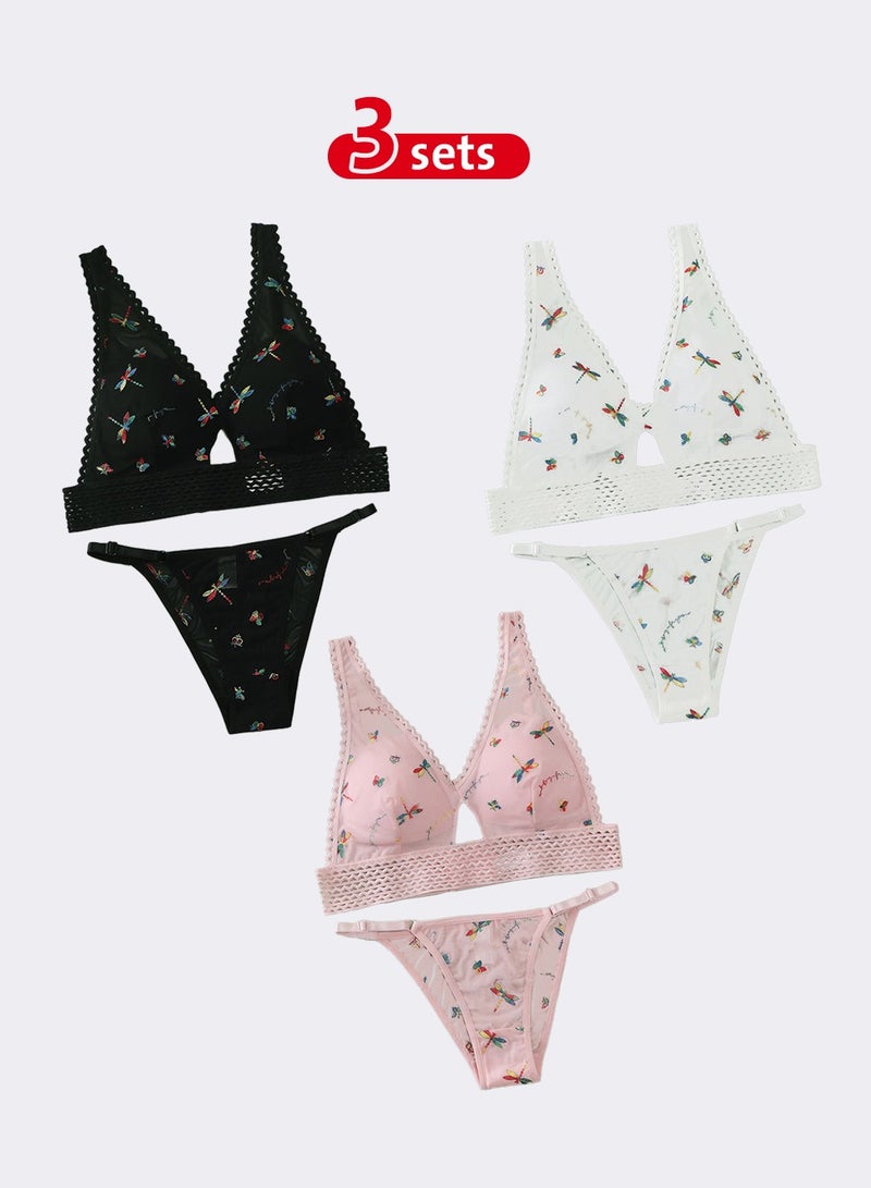 3-Pack Women's Wide-Cut Bikini Panties with Embroidered Designs – Pink, White & Black