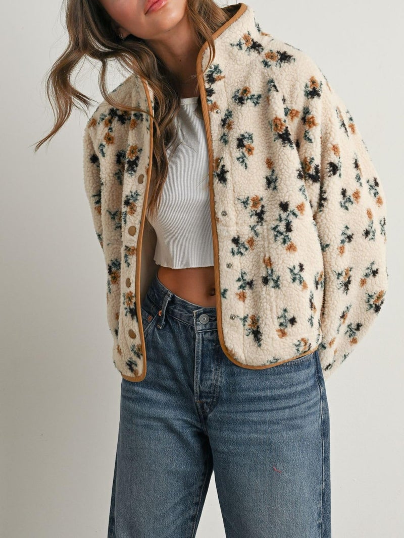 Joiemont Womens Floral Print Fluffy Fleece Jacket Snap Button Winter Teddy Fleece Jacket Casual Faux Fur Outwear(0711-Khaki-XL) - Image 5