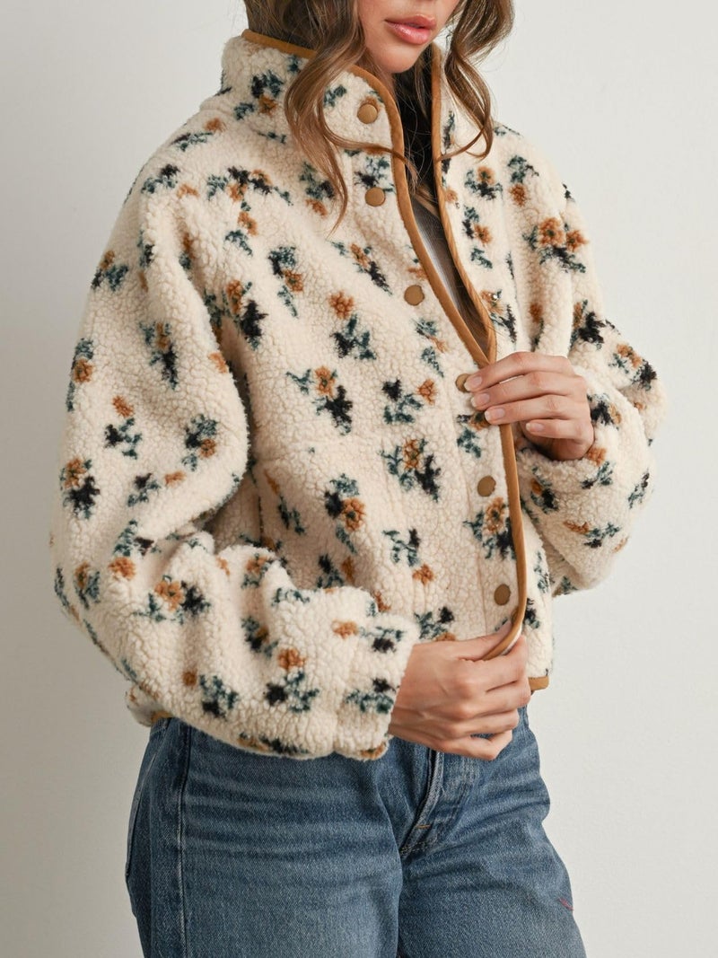 Joiemont Womens Floral Print Fluffy Fleece Jacket Snap Button Winter Teddy Fleece Jacket Casual Faux Fur Outwear(0711-Khaki-XL) - Image 3