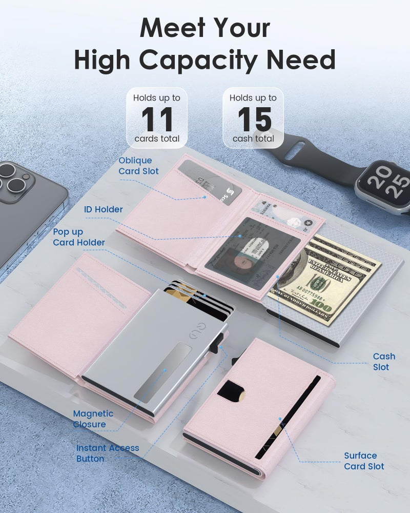 QLD RFID Wallet Women - Small Slim Trifold Wallet Anti-Theft Pop up Card Holder, Minimalist, Ultra Thin, Front Pocket, Premium Leather, 9-11 Cards Capacity | ID Window | Cash Slot - Image 2