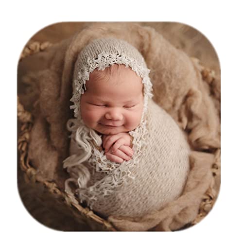 Vemonllas Newborn Infant Baby Boys Girls Photography Props Mohair Hat Wrap Blanket Cloth Set (Creamy-White) - Image 1