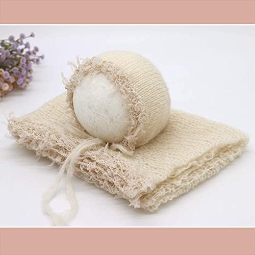 Vemonllas Newborn Infant Baby Boys Girls Photography Props Mohair Hat Wrap Blanket Cloth Set (Creamy-White) - Image 3