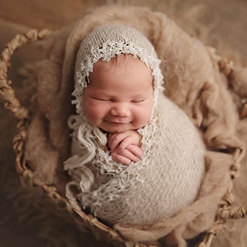Vemonllas Newborn Infant Baby Boys Girls Photography Props Mohair Hat Wrap Blanket Cloth Set (Creamy-White) - Image 2