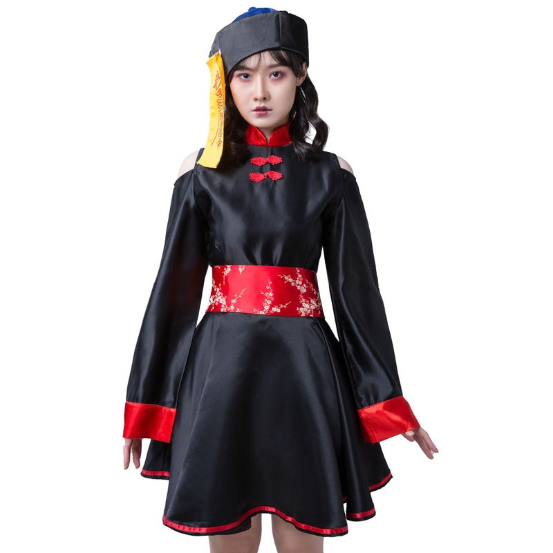 Halloween Zombie Dress Skeleton Qipao Costume Set red blue hat