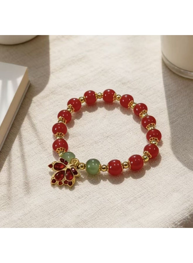 Akali Lucky Red Agate Beaded Bracelet with Enamel Butterfly Pendant & Green Jade Beads - Fortune Jewelry for Women - Image 1