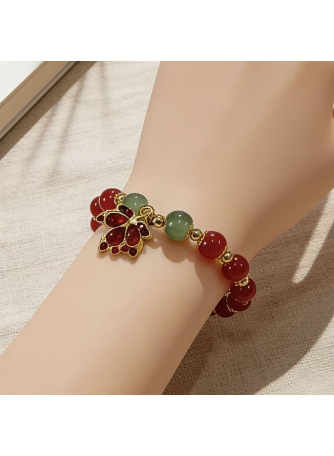 Akali Lucky Red Agate Beaded Bracelet with Enamel Butterfly Pendant & Green Jade Beads - Fortune Jewelry for Women - Image 3