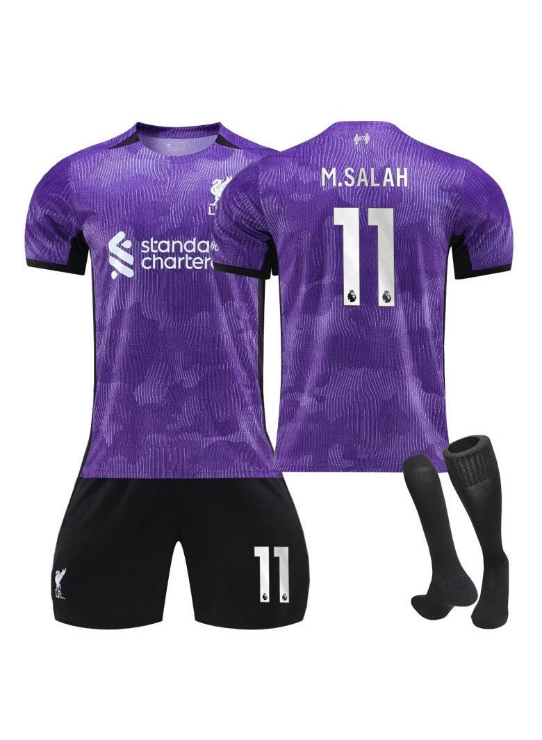 عام قميص كرة قدم خارجي ليفربول الثاني للموسم 23-24 برقم 11 M.SALAH، مع طقم هدية يشمل القميص والشورت والجوارب بأحجام للأطفال والكبار، هدية مثالية لأصدقاء المشجعين - Image 1
