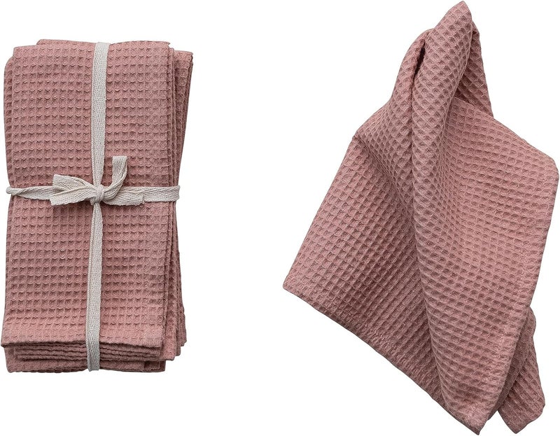 Creative CoOp 18 Inches Square Woven Linen and Cotton Waffle Dinner Kitchen Use Putty Color Set of 4 Napkin Blush - Image 1