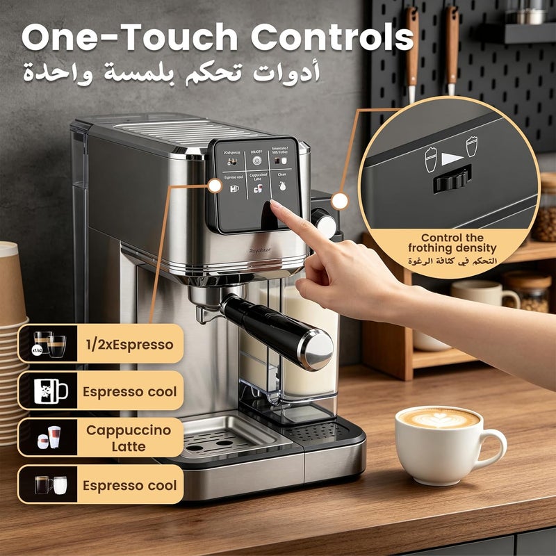 Royalstar Semi-Automatic Espresso Machine and Coffee Machine, 20 Bar Pressure Cappuccino Maker with Automatic Milk Frother, 1350W Smart Touch Screen, One Touch Control for Home and Barista Daily Use - Image 2
