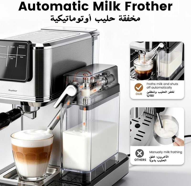Royalstar Semi-Automatic Espresso Machine and Coffee Machine, 20 Bar Pressure Cappuccino Maker with Automatic Milk Frother, 1350W Smart Touch Screen, One Touch Control for Home and Barista Daily Use - Image 4