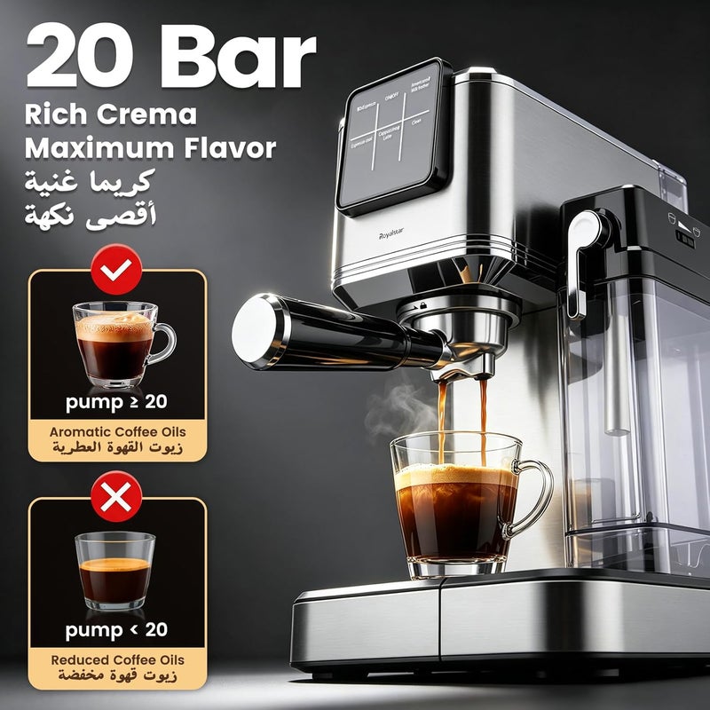 Royalstar Semi-Automatic Espresso Machine and Coffee Machine, 20 Bar Pressure Cappuccino Maker with Automatic Milk Frother, 1350W Smart Touch Screen, One Touch Control for Home and Barista Daily Use - Image 3