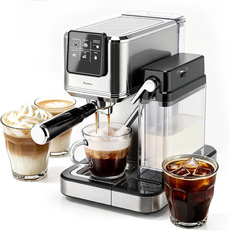 Royalstar Semi-Automatic Espresso Machine and Coffee Machine, 20 Bar Pressure Cappuccino Maker with Automatic Milk Frother, 1350W Smart Touch Screen, One Touch Control for Home and Barista Daily Use - Image 1