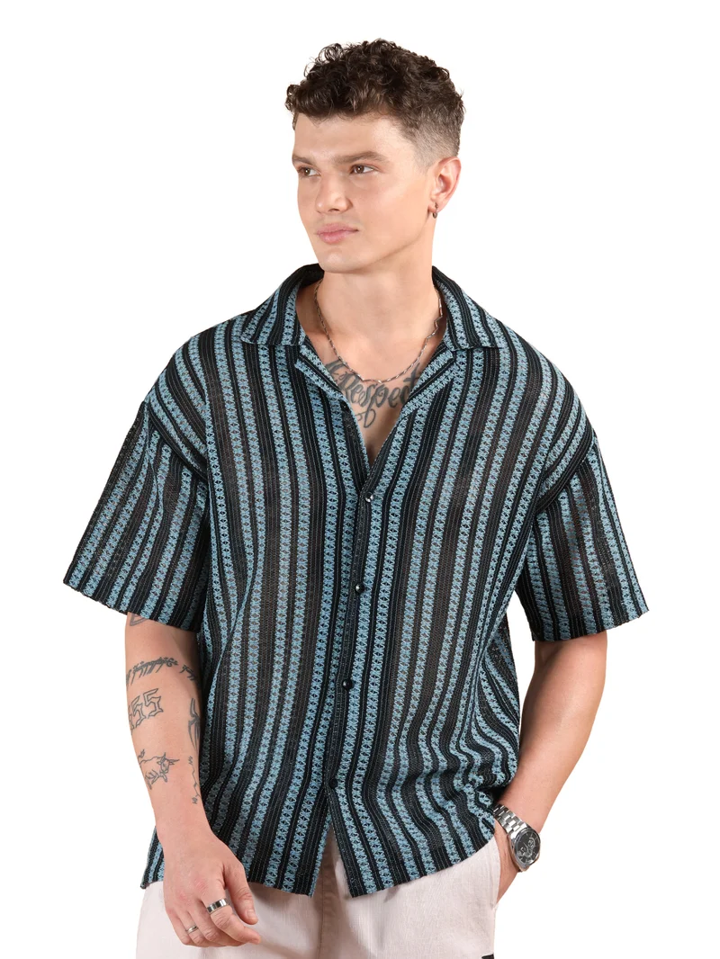 بيونغ قميص كروشيه مخطط أزرق بنصف كم