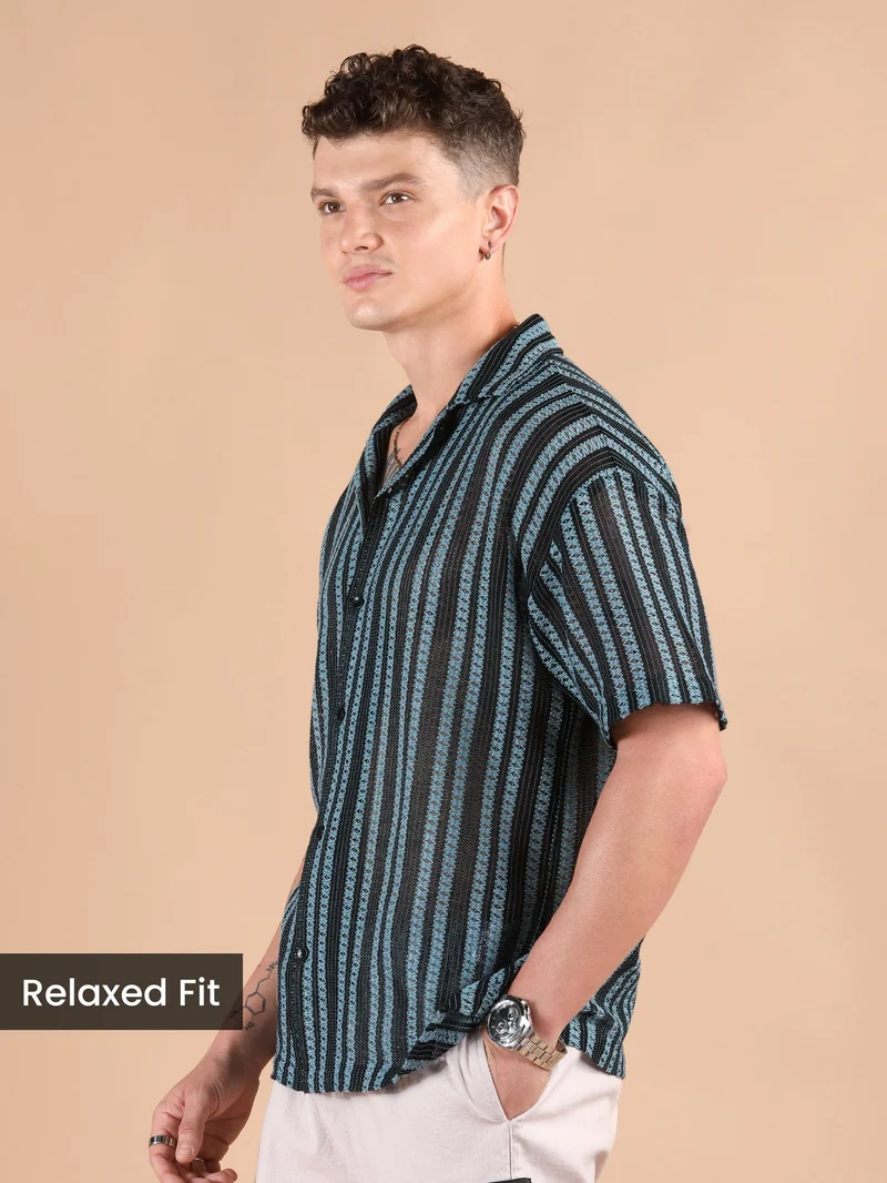 Beyoung Blue Stripe Crochet Half-Sleeves Shirt