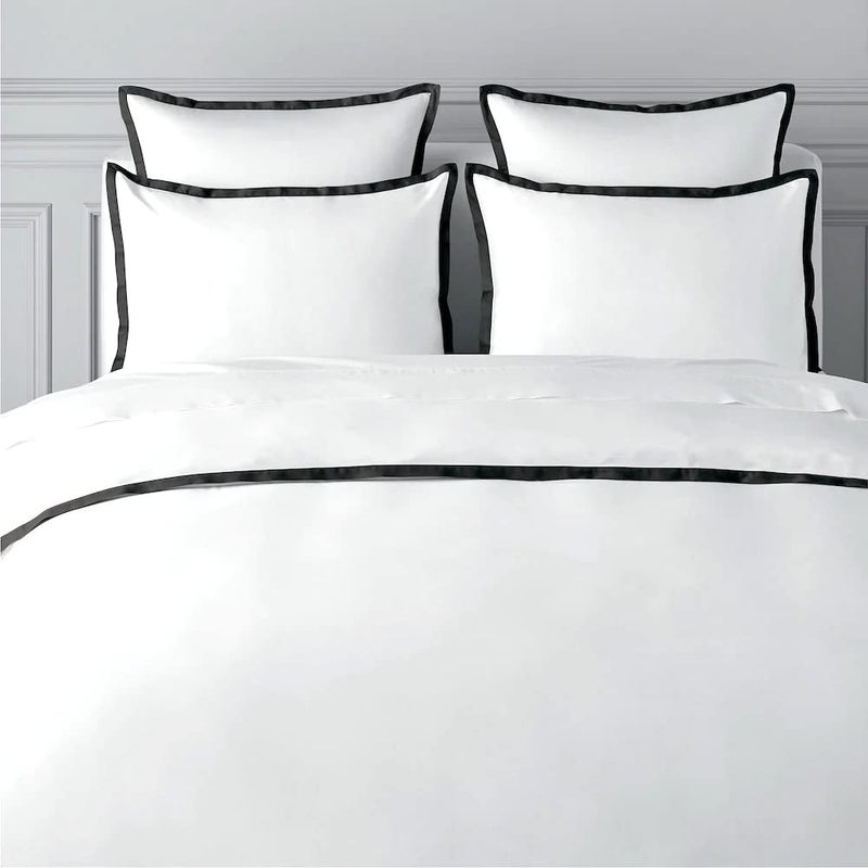 BEDLAM Full/Queen Size Duvet Cover Set - 3pcs 100% Cotton Duvet Cover, Includes a White Percale Duvet Cover with a Black Satin Border & 2 Cotton Pillowcases - 400TC Luxury Queen Duvet Cover Set - Image 1