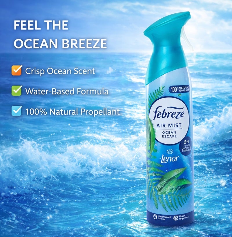 Febreze Air Mist Ocean Escape by Lenor 185ml Air Freshener Spray, Long Lasting Fresh Marine Fragrance, Odor Eliminator Spray, Water Based Formula, Natural Propellant Home Bathroom Bedroom Office Freshener - Image 3