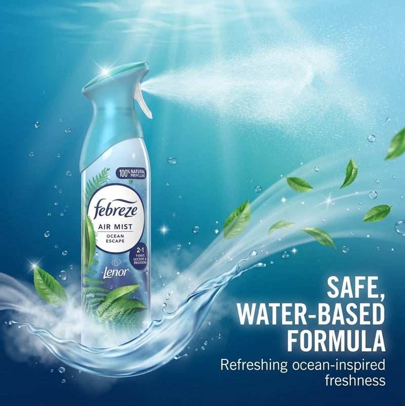 Febreze Air Mist Ocean Escape by Lenor 185ml Air Freshener Spray, Long Lasting Fresh Marine Fragrance, Odor Eliminator Spray, Water Based Formula, Natural Propellant Home Bathroom Bedroom Office Freshener - Image 4