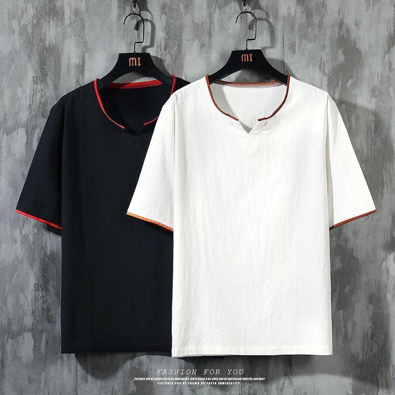 Men'S Summer Short-Sleeved T-Shirt Plus Size Loose Chinese Style Half-Sleeved Solid Color Cotton Linen Shirt Trendy Casual Tang T-Shirt - Image 5